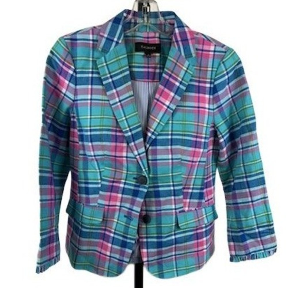 Talbots Women's Plaid Blazer Womens Size 2 Pink Green Blue Jacket Linen Cotton